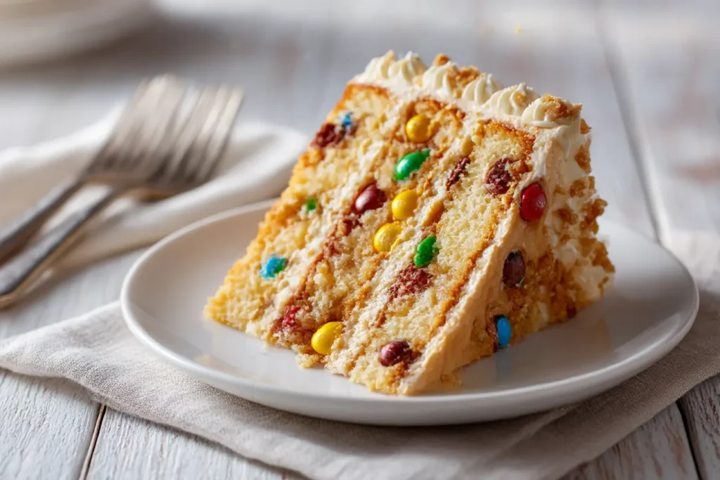 M&M cake slice with frosting